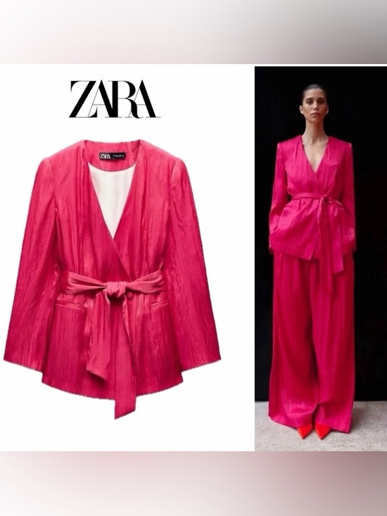 Zara Pants - Zara Hot Pink Satin Satin-Effect Belted Blazer